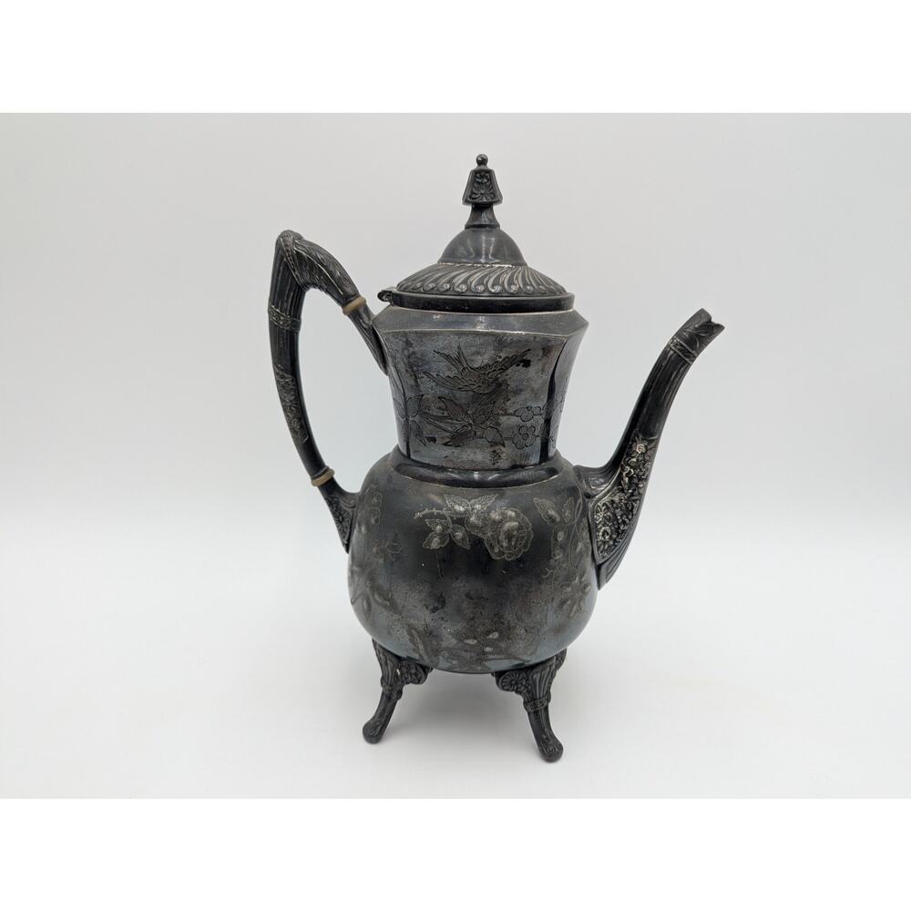 Antique Reed and Barton Silverplate Coffee Pot Etched Birds and Flowers 3144